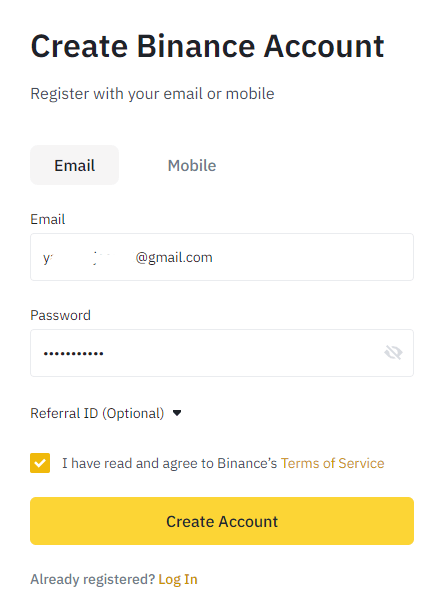 Binance Registration Form