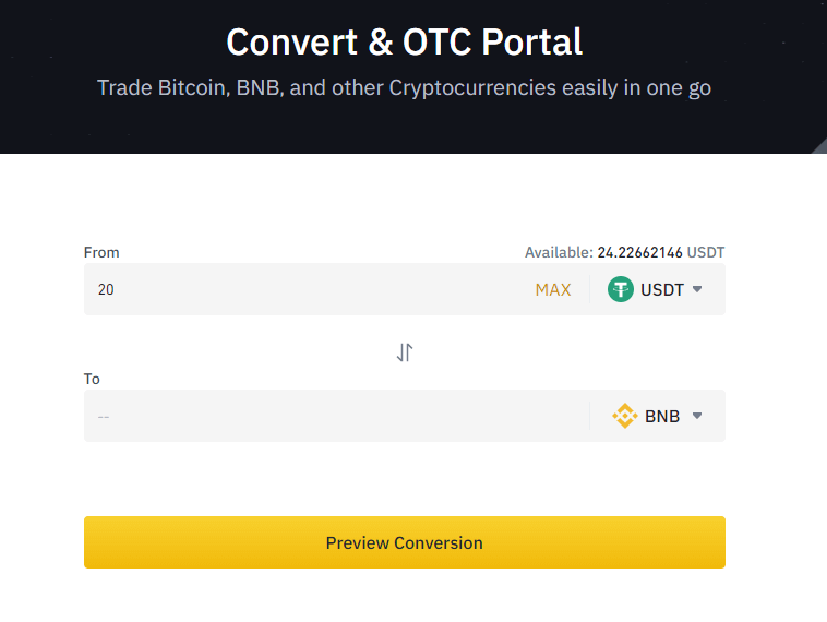 Binance Crypto Conversion Page