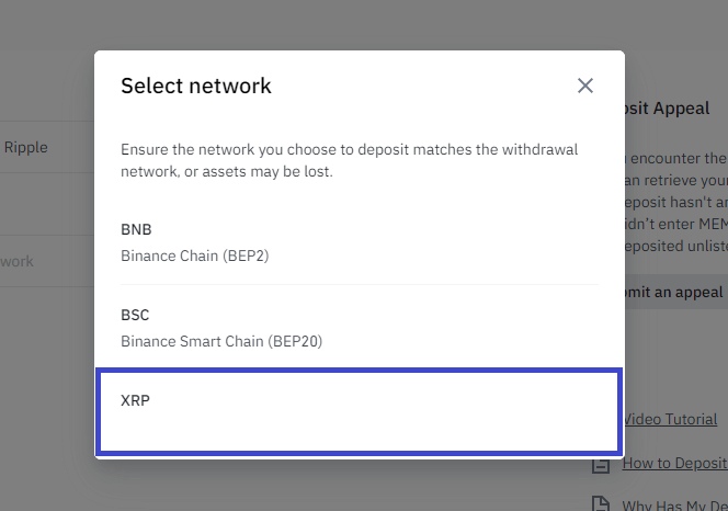 Binance Select Crypto for deposit