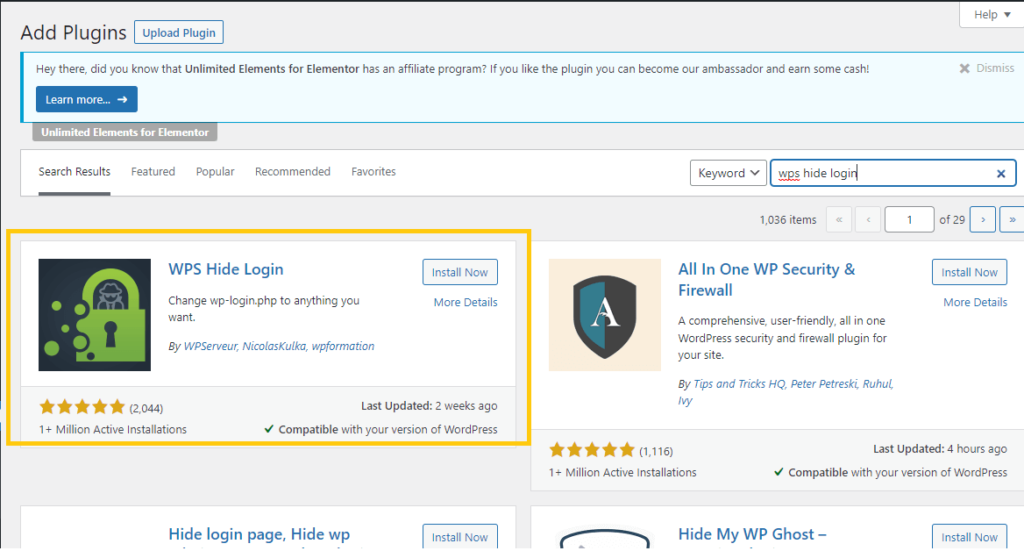 Search WPS Hide Login Plugin